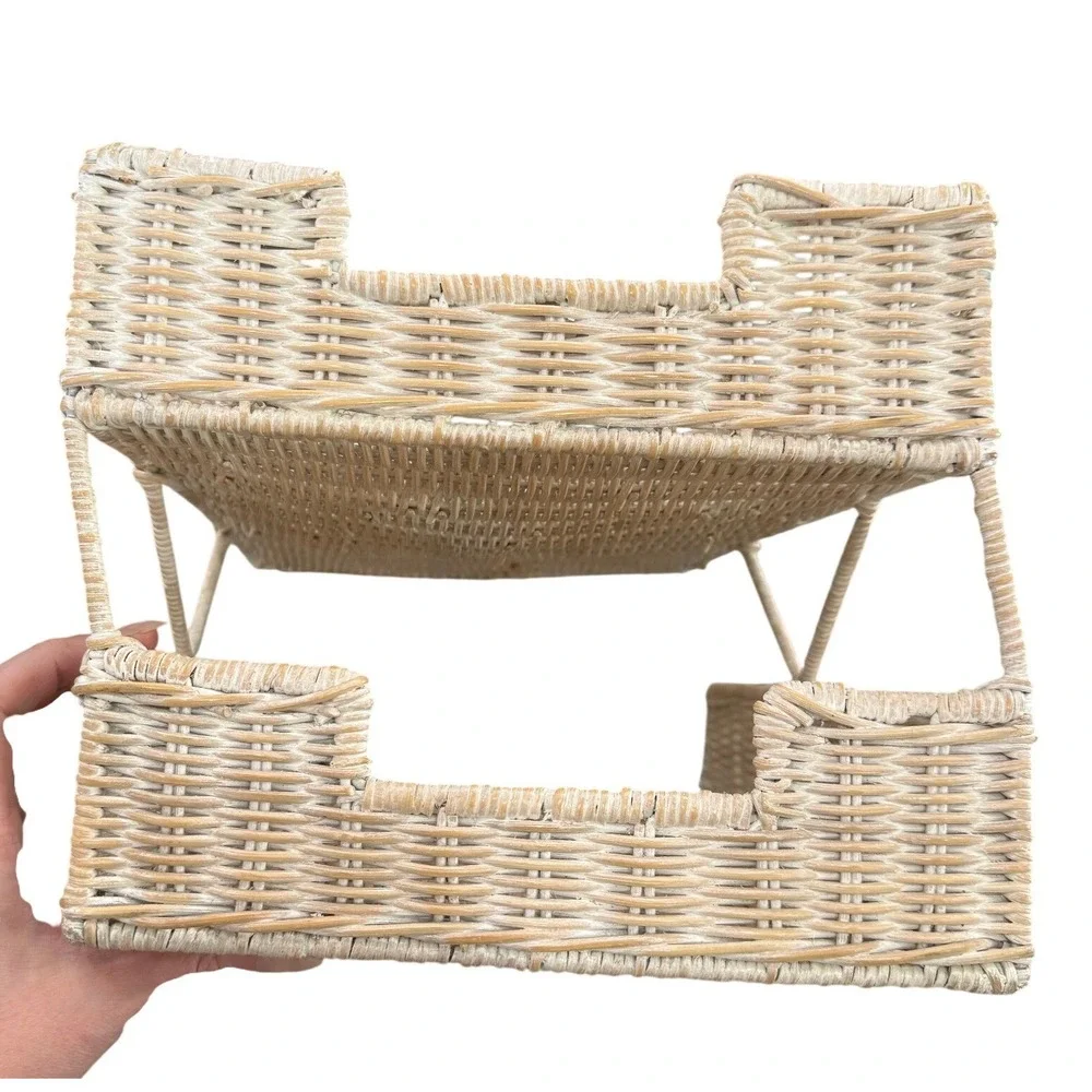 Wicker 2 Tier Letter Tray Desk Paper Organizer Whitewash Coastal Cottage Decor